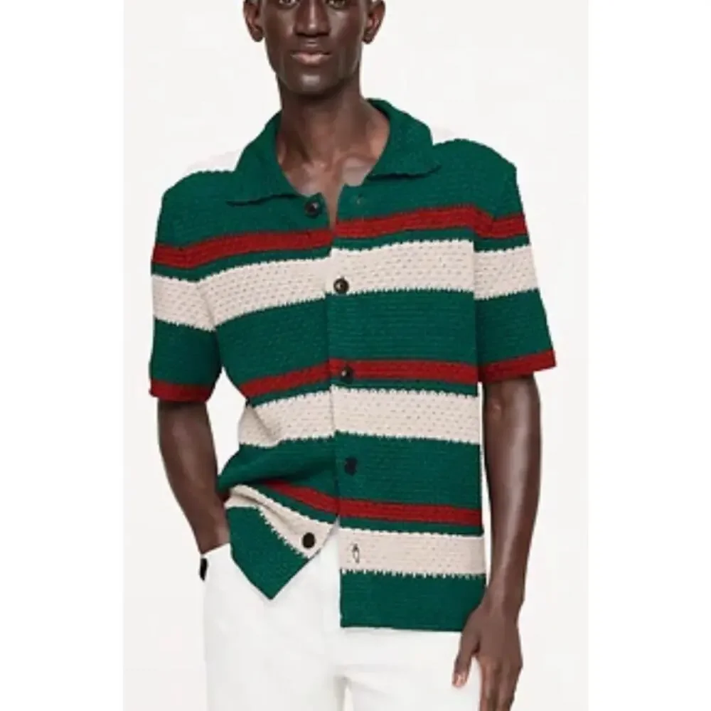 Banana Republic Shirt Mens M Striped Crochet Short Sleeve Button Front